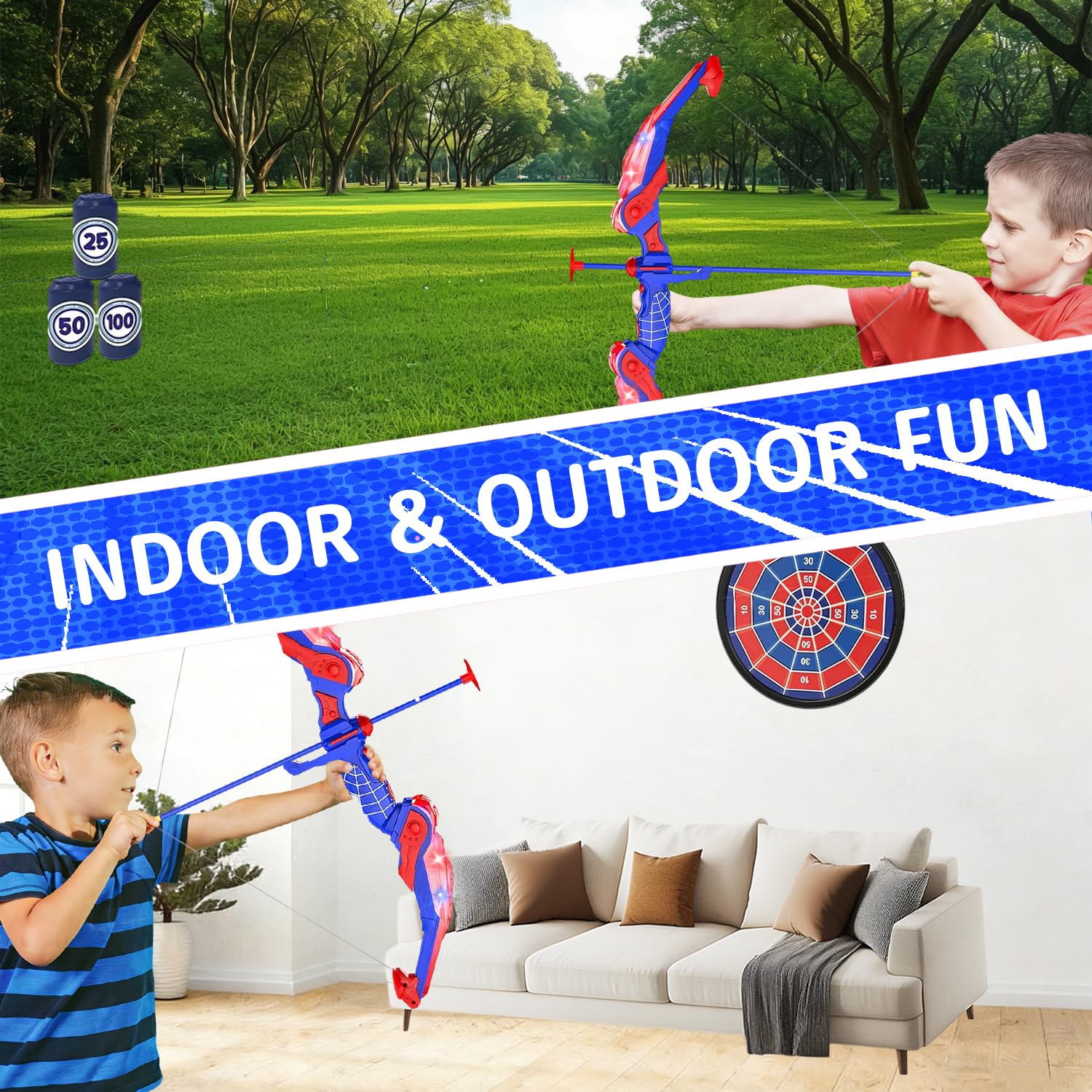 SHAREMI Arc et Fleches Enfants Jouets 4 5 6 7 8 9 Ans Garçon Filles, Jeu de Tir à l'arc avec Lumières LED, Cible Suspendue et Flèches à Ventouse, Jeux Intérieur Extérieur Cadeaux Anniversaire Noël