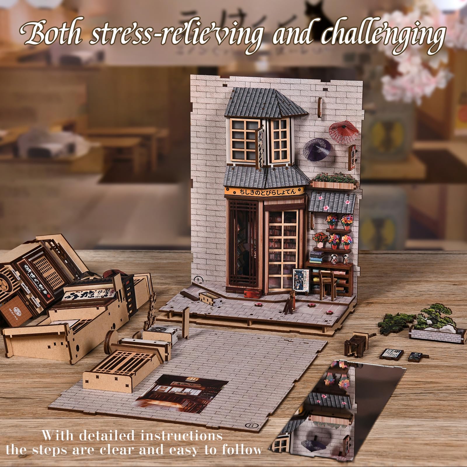 Book Nook Kit para niños y Adultos, Modelo de Estilo japonés The Alley Waiting for The Cat,Miniatura Puzzle 3D de Madera con Luz LED,Creativa Decoración Hogareña y Regalo Original