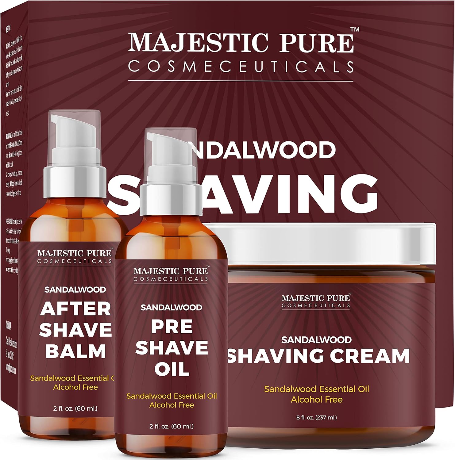 Majestic Pure Shaving Kit for Men with Sandalwood - Set Includes Pre Shave Oil, Shaving Cream, and After Shave Balm (3 Pieces), Gift Set