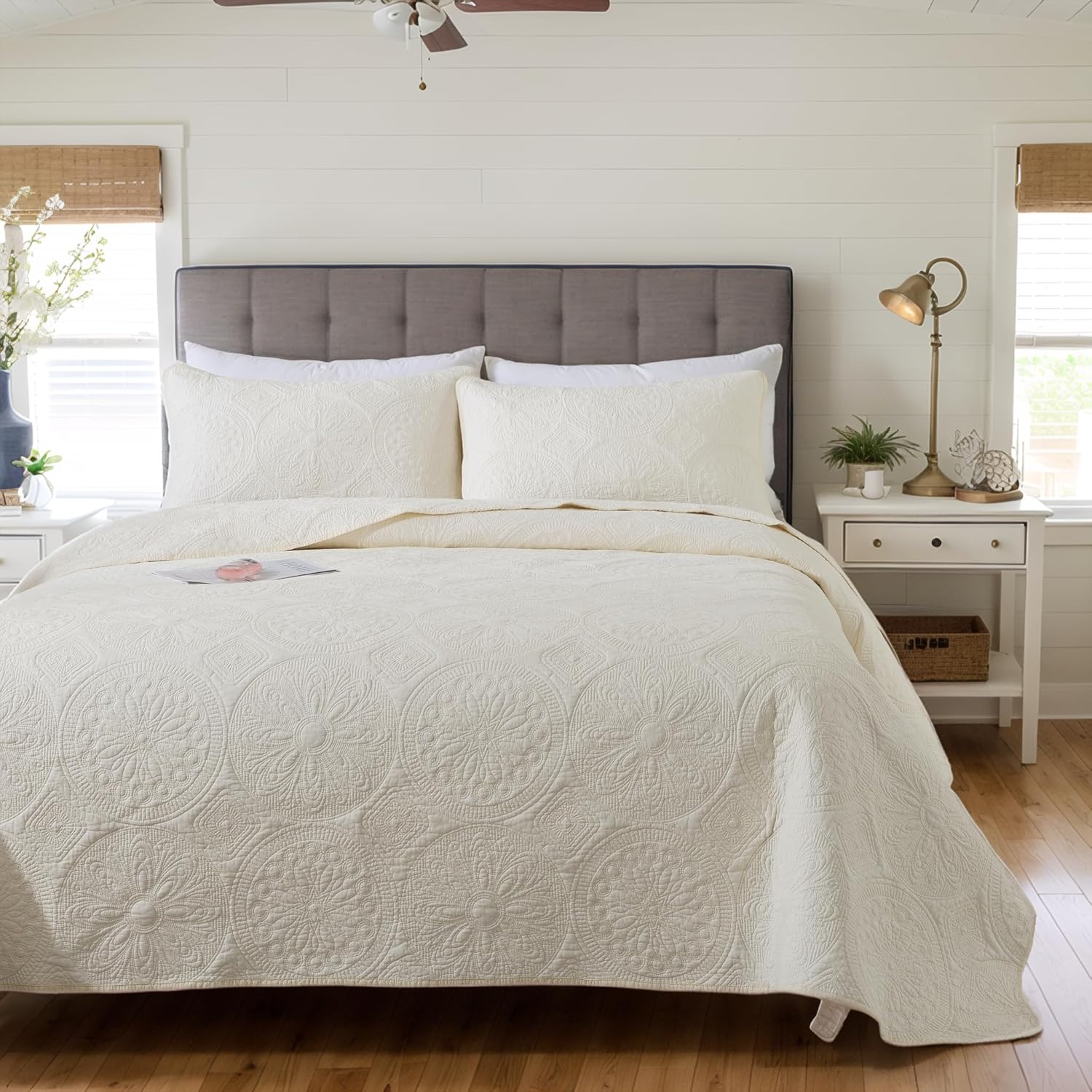 Brandream King Size Quilt Set Cotton Butter Cream Yellow Vintage Farmhouse Boho Medallion Matelasse Coverlet Set 3-Piece