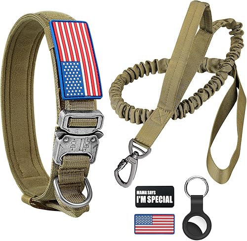 Collar táctico para perro y correa elástica, juego de collar y correa de camuflaje militar para perro con bandera estadounidense ajustable K9 con