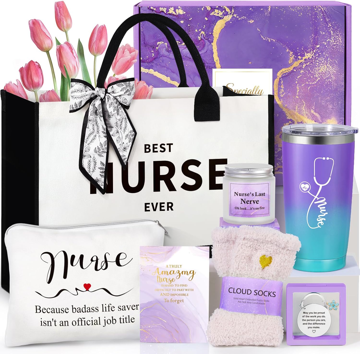 Suhctuptx Nurse Gifts for Women, Rn Appreciation Gift Set Nurses Week Set Graduation Box Christmas Basket for Nurses Female Nursing Student with Canvas Beach Tote Bag Tumbler Keychain Purple