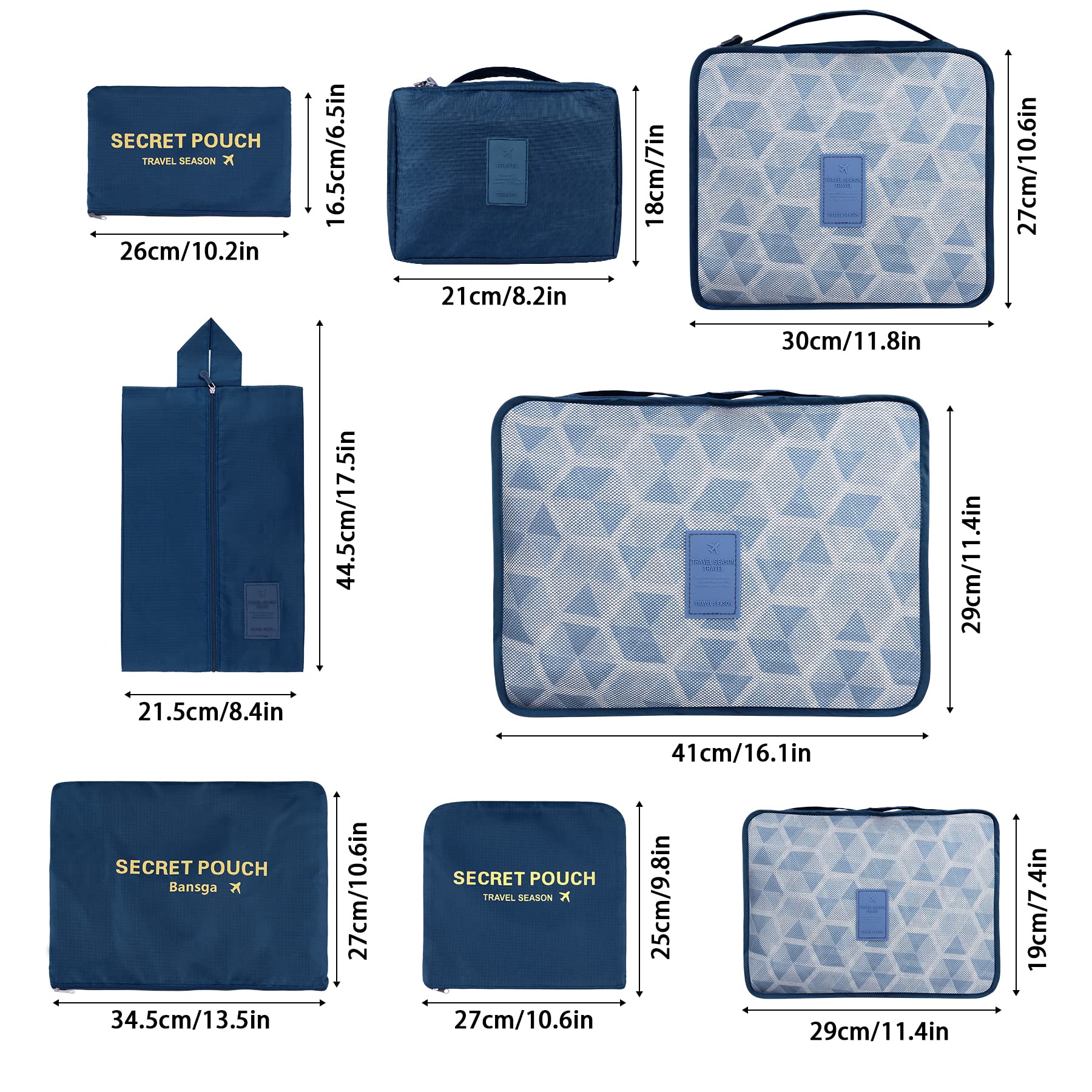 Coolzon Organizer Valigie Viaggio Set 8 Pezzi set, Cubi di Imballaggio Organizer Valigia Perfect Storage Travel Luggage Organizer per i vestiti,Cosmetici,Scarpe,Intimo, Blu Navy