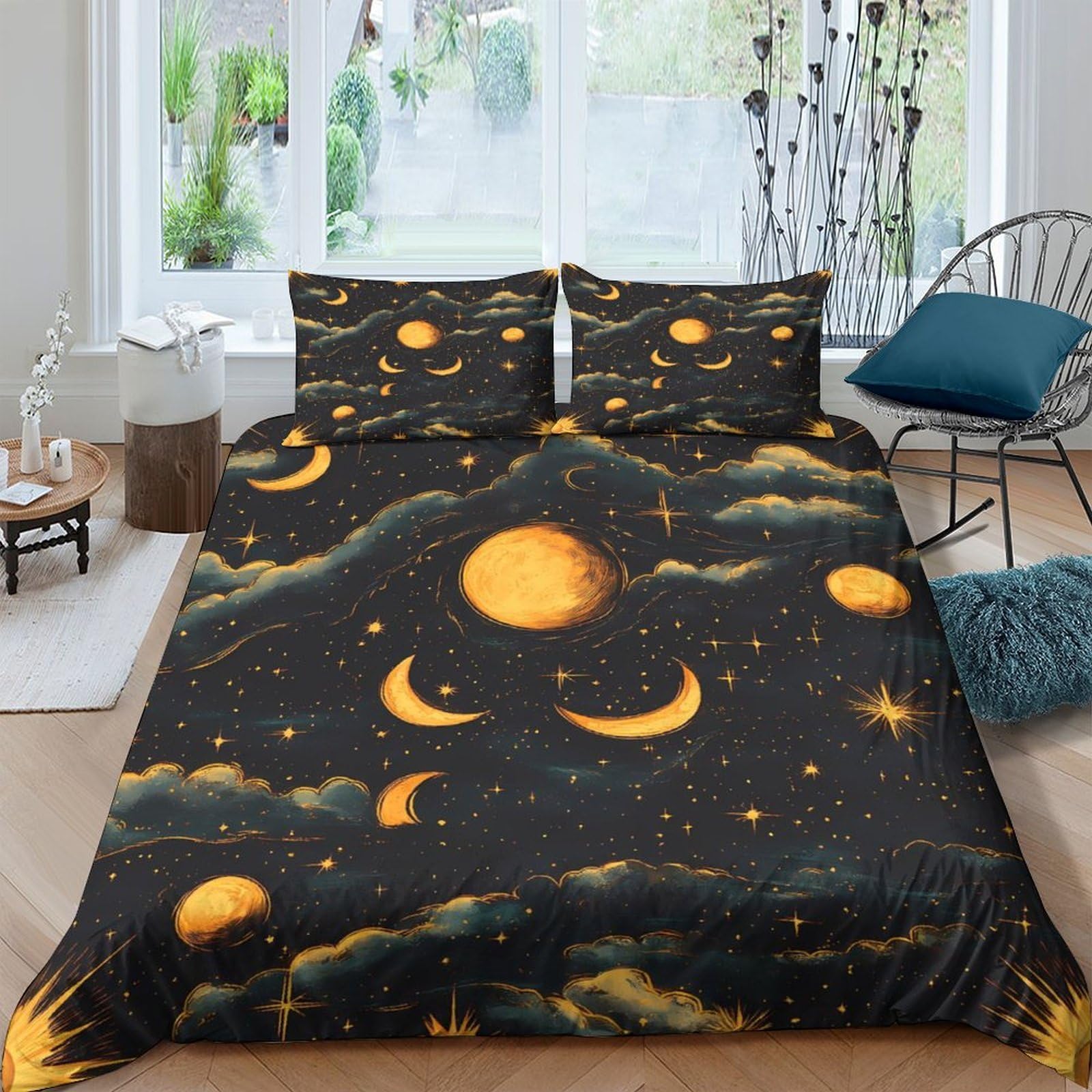 Ctjqhvkz Style-8 3D Printed Golden Moon Night Fitted Sheet Microfiber Soft Starry Sky Bed Cover For Bedroom Guest Dorm Decor Single（135X200cm）
