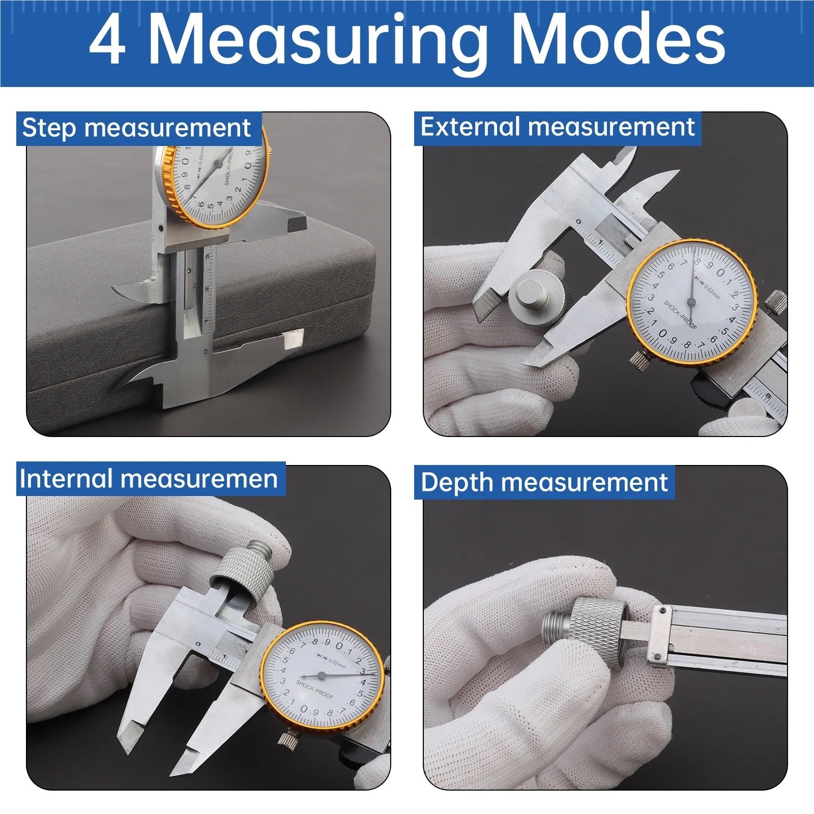 Calibradores Vernier de 0-150mm, Escala métrica Acero al Carbono, calibrador Dial a Prueba Golpes, Regla, Kit Herramientas medición Profundidad con Funda Guantes
