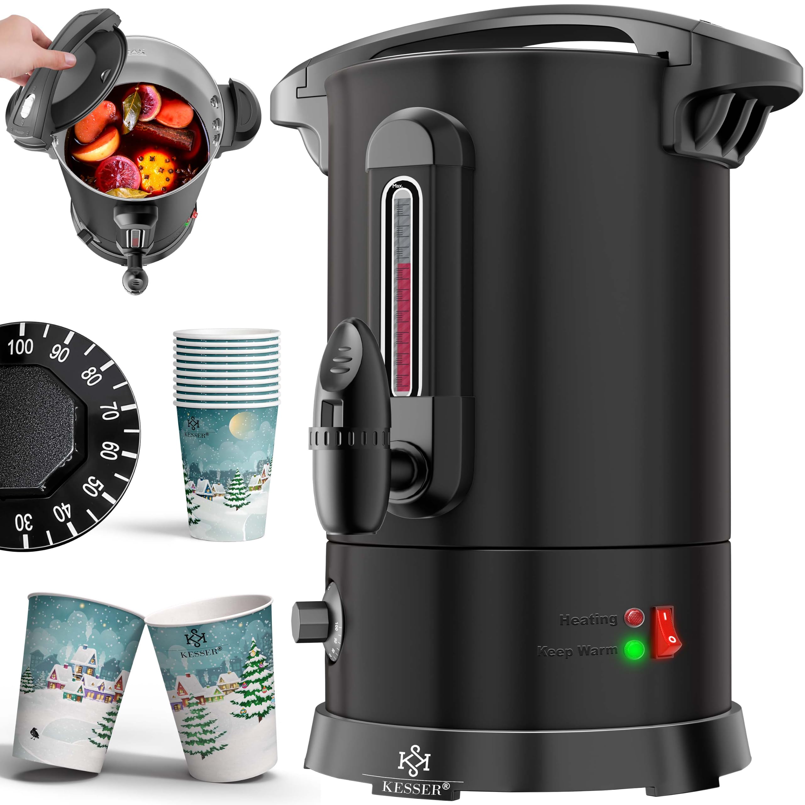 KESSER bouilloire à vin chaud 6,8 l en acier inoxydable avec 10 tasses bouilloire à vin chaud avec thermostat distributeur d'eau chaude distributeur d'eau chaude indicateur de niveau robinet robinet