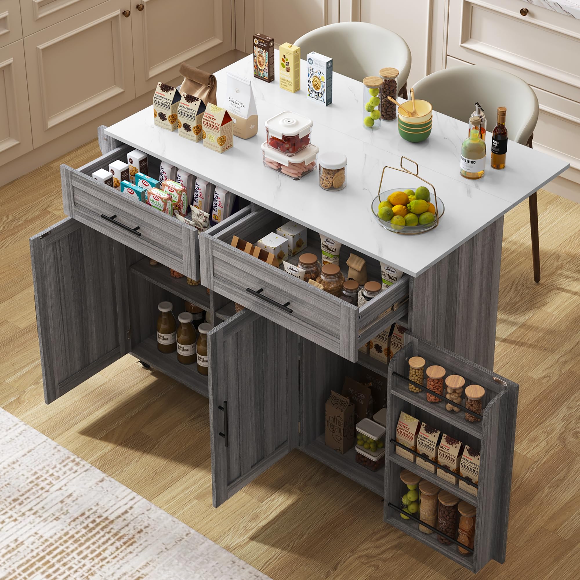 Isola da cucina autoportante con piano di lavoro pieghevole, mobile da cucina su 5 ruote, con ripiano e 2 cassetti, per cucina e sala da pranzo, 129 x 46 (71) x 91,5 cm (grigio - A)