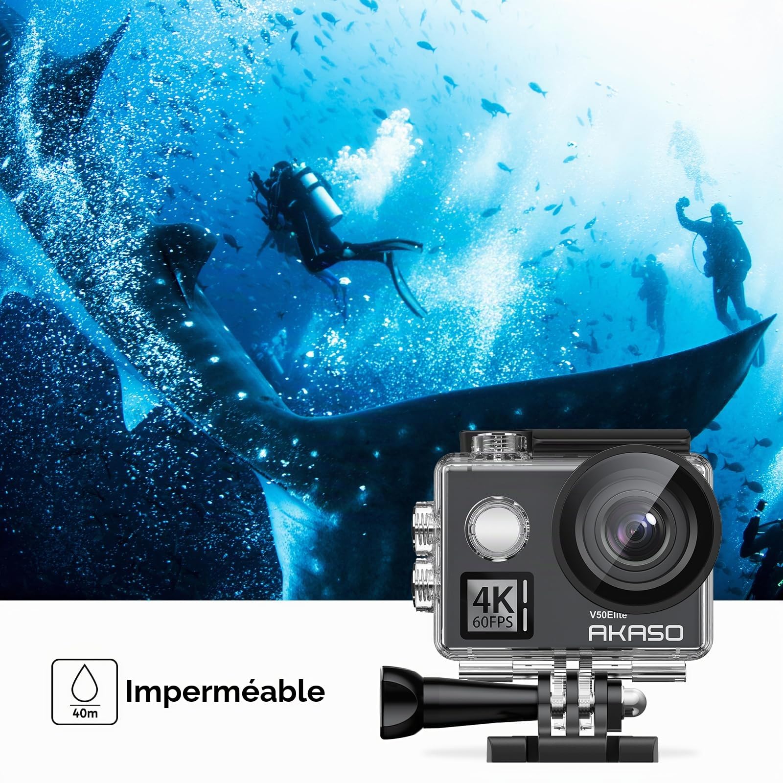 AKASO V50 Elite Caméra Sport 4K 60fps 20MP WiFi Etanche EIS 8X Zoom 2 Batteries