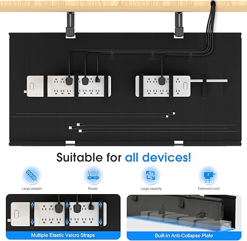 Miniatura 4 de Bandeja de organización de cables para debajo del escritorio, organizador de cables sin taladrar de 40 pulgadas con base reforzada