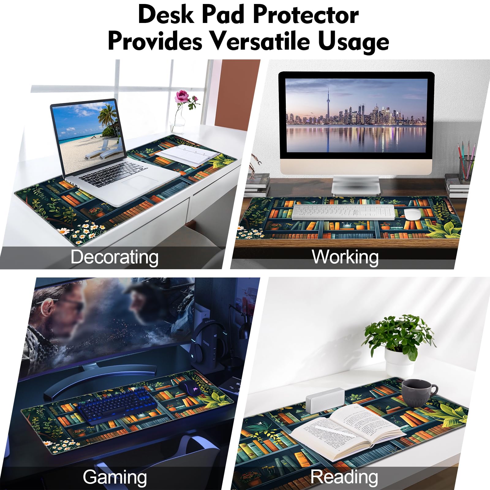 Galdas, Gaming-Mauspad XXL, extra groß und lang, rutschfestes Gummipad mit genähten Kanten für Laptop, Heim, Büro (80 × 30 × 0,2 cm) – Bücher-Motiv