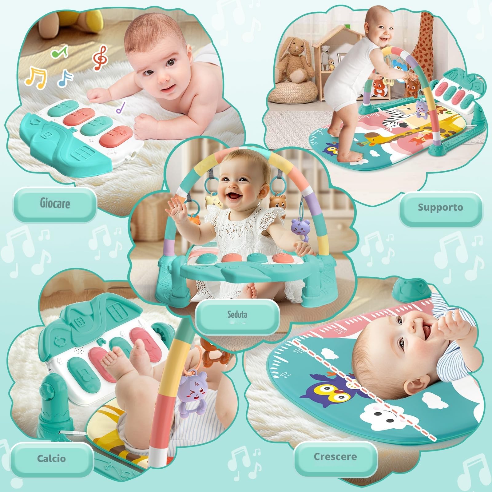 Palestrina Neonato Montessori 0-6 Mesi, Tappeto Gioco Neonato Gattonamento con Giocattolo Musicale Regolabile e Sonagli, Palestrina Neonata per Giochi Sensoriali di Attività (Verde)