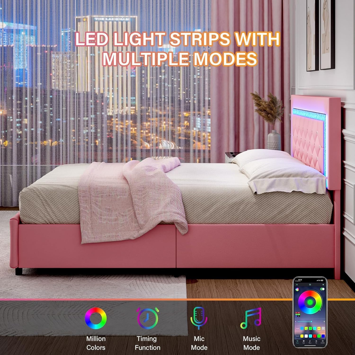 BarnFurin Queen Bed Frame with LED Lights, Upholstered Bed Frame with 4 Storage Drawers, Princess Platform Bed with Diamond Headboard and Footboard, No Box Spring Needed, Pink