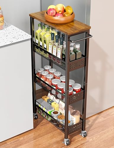 OKZEST slim 4-tier rolling storage cart with wood top