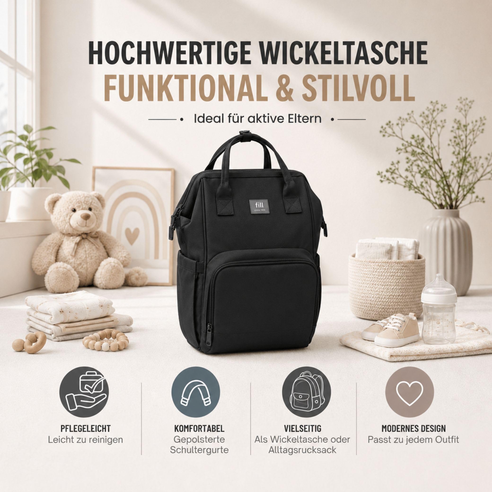 Fillikid Wickelrucksack Barcelona | Geräumiger & stylischer Rucksack mit vielen Fächern, isoliertem Flaschenhalter & Wickelauflage | Bequem tragbar & ideal für den Alltag mit Baby