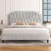 Yaheetech 4ft6 Double Bed Frame Upholstered Platform Bed with Adjustable Button Tufted HeadboardVelvet FabricSturdy Wooden Slat SupportNo Box Spring Needed, Beige Double Bed
