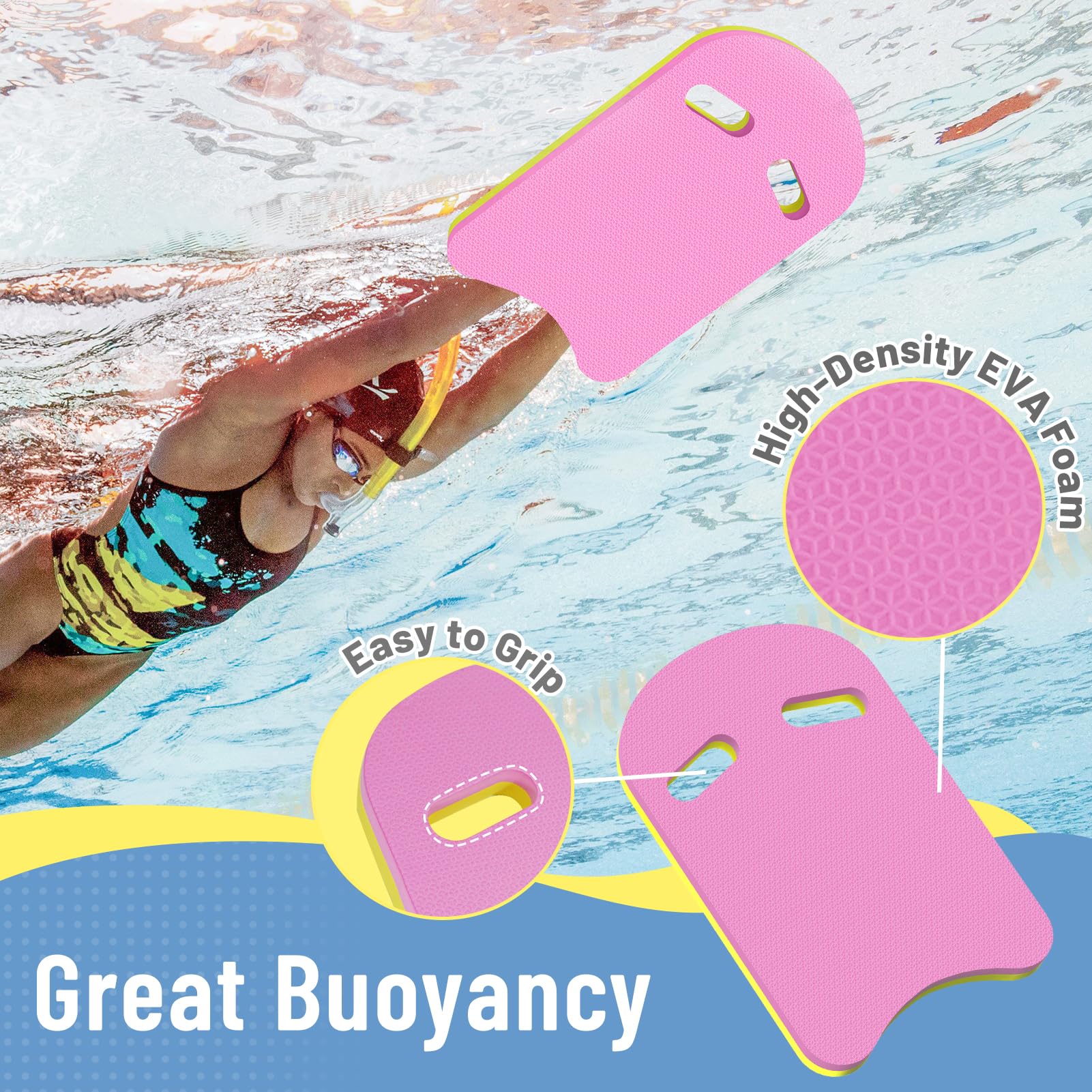 2 tablas de natación en forma de U con mango de 2 agujeros hechas de EVA, 17 x 12 x 1.1 pulgadas, ligeras y duraderas, adecuadas para principiantes y nadadores avanzados para entrenamiento (1 rosa + 1