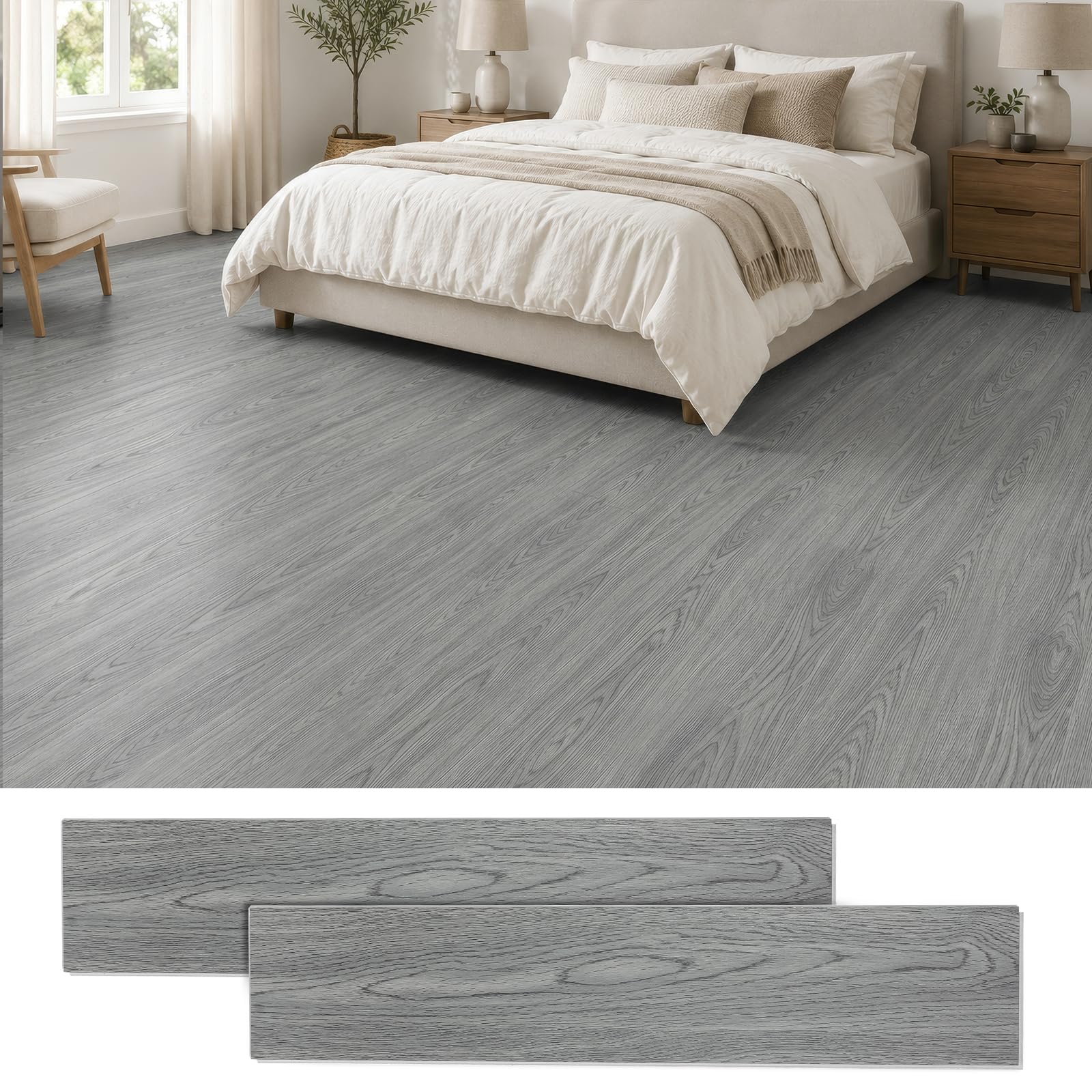 Click Vinyl Flooring, 18Pcs/1.47㎡ Rigid SPC Floor Tiles, Wood Effect Click Flooring, Waterproof Floor Plank 4mm Thick for Bedroom Living Room Kitchen Bathroom Office, 12.8 cm x 64 cm (Dark gray)