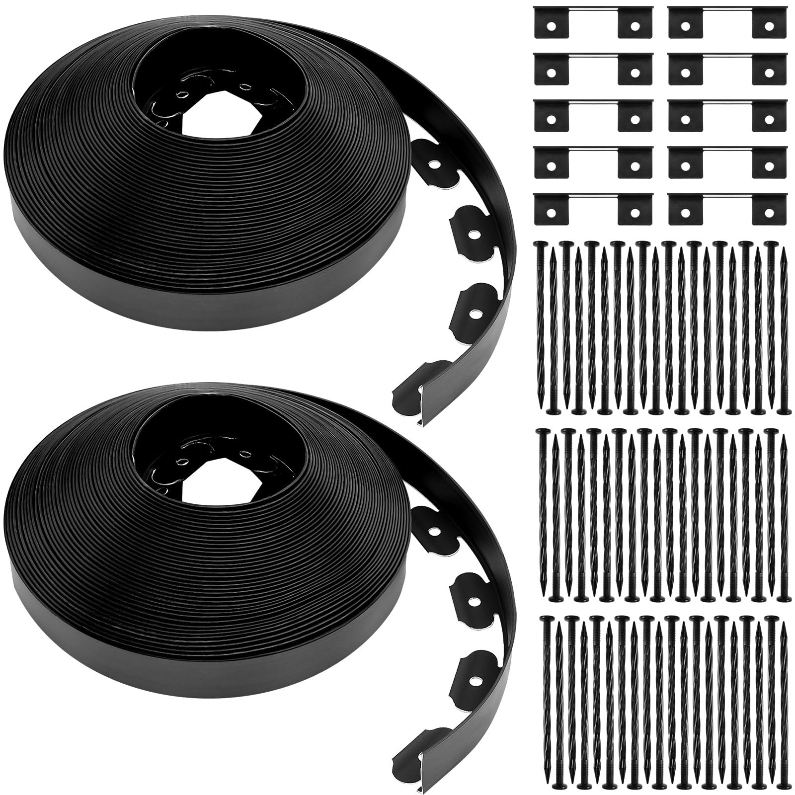 1.7'' x 200' Landscape Edging Kit No Dig Edging Border Coil Include 60 Anchoring Spikes 10 Connectors Plastic Garden Edging Border for Lawn Garden Grass Yard Home School, Black