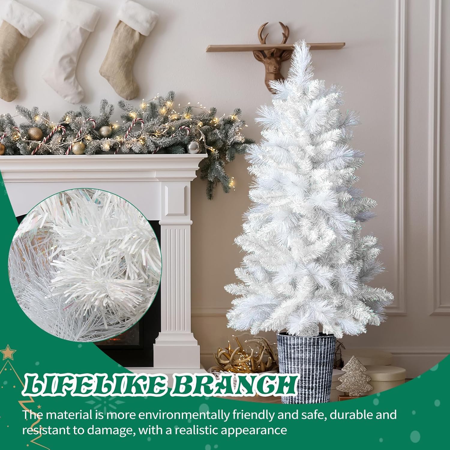 Artificial Christmas Tree with Pot Stand for Indoor Decor, 4 Foot White Unlit Pine Tree with 200 Branch Tips for Home Office Party