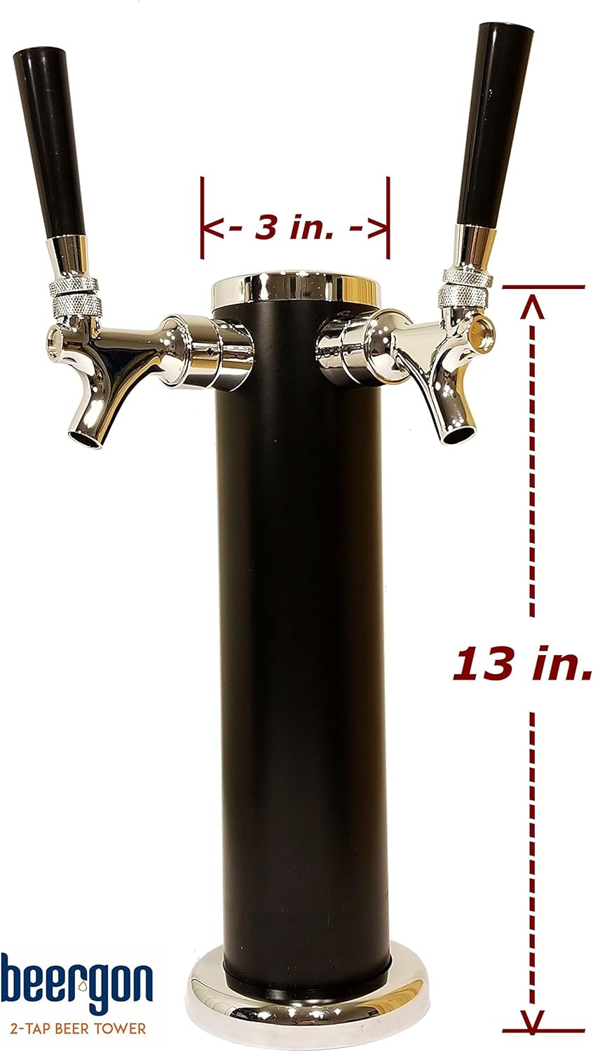 Double Tap Draft Beer Tower - 2-Tap Beer Column 13-inch High by 3-inch Diameter - Stainless Steel Body with Unique Black Satin Finish - Silver Chrome Finish Faucets - BEERGON BT-1000