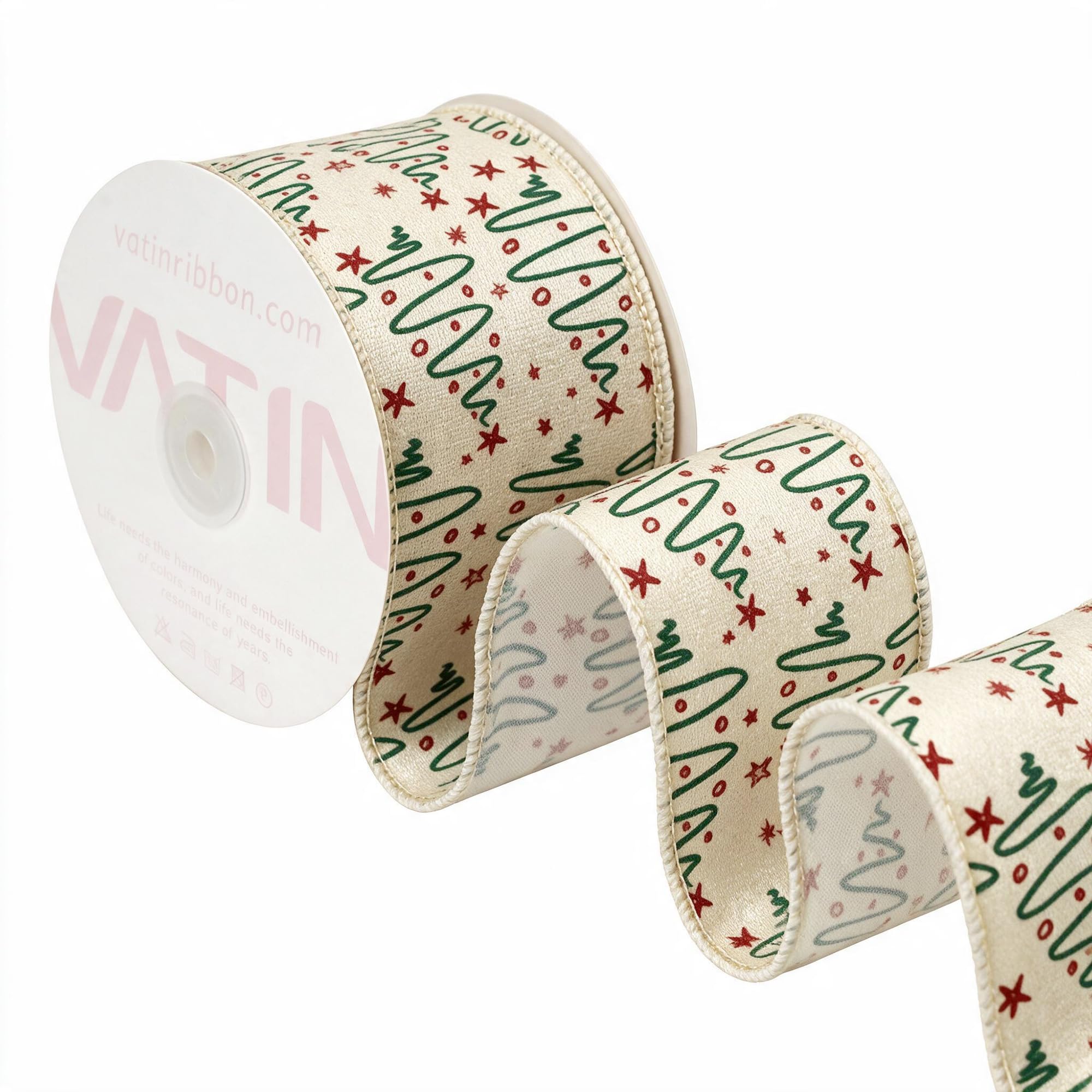 VATIN Ivory Christmas Tree & Star Wired Ribbon, 65 MM x 9 M