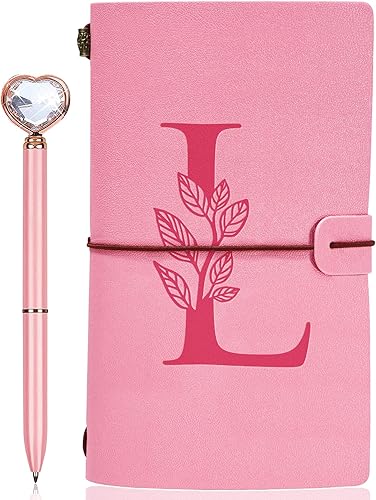 Diario personalizado para regalo, diario de cuero con inicial rosa + juego de bolígrafo de corazón de diamante, cuaderno de viaje, bloc de notas