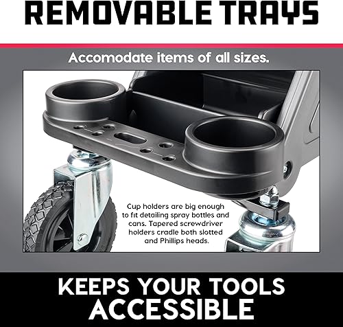 Miniatura 4 de Powerbuilt Asiento rodante Big Wheel, serie todoterreno, bloqueado en bandejas de herramientas, ruedas resistentes para grava y rocas, color gris