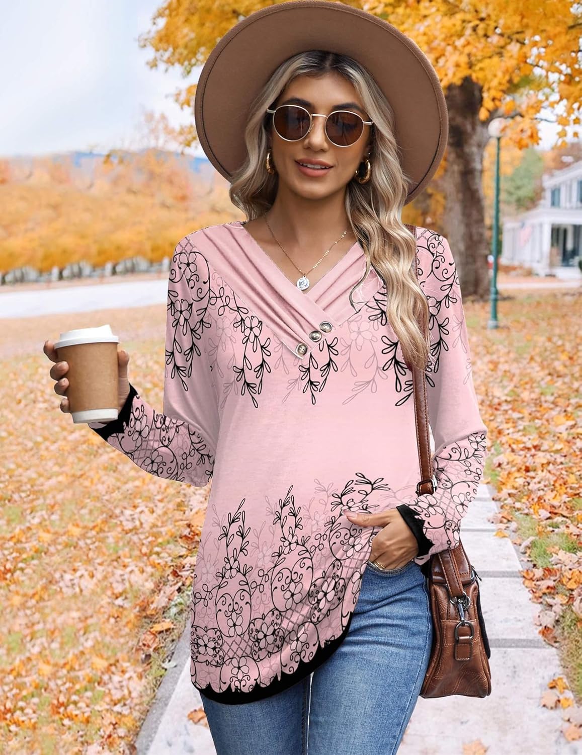 HOTOUCH Womens Fall Tunics Long Sleeve Tops Cross V Neck Shirts Loose Casual Blouses with Decor Button - Image 5