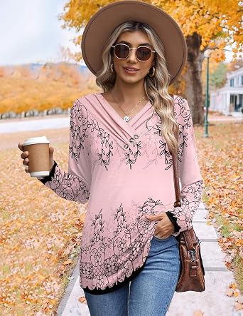 HOTOUCH Womens Fall Tunics Long Sleeve Tops Cross V Neck Shirts Loose Casual Blouses with Decor Button