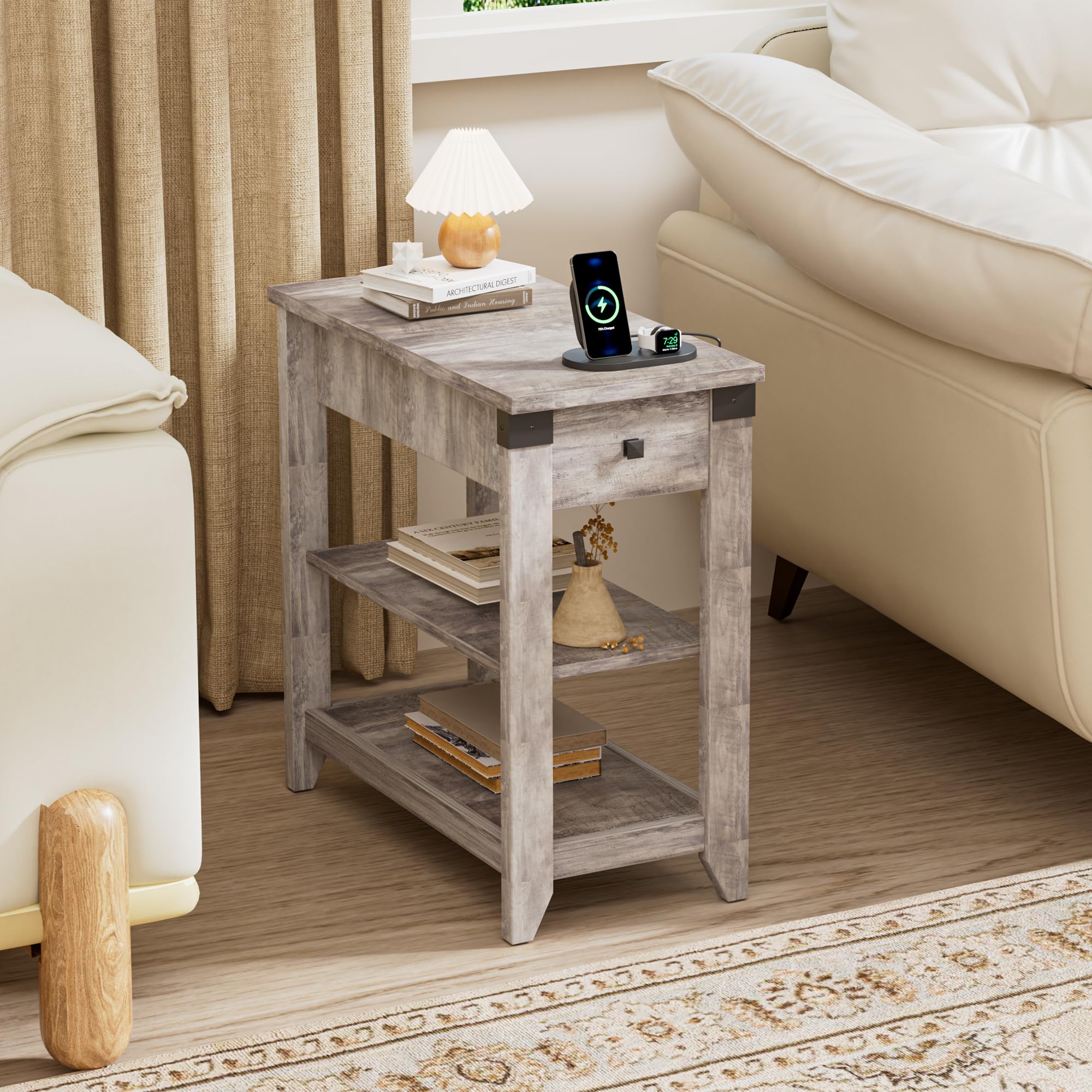 BonVache Set di 2 comodini, tavolino piccolo con funzione di ricarica, tavolino sottile con ripiano, cassetti, comodino per soggiorno, camera da letto, grigio