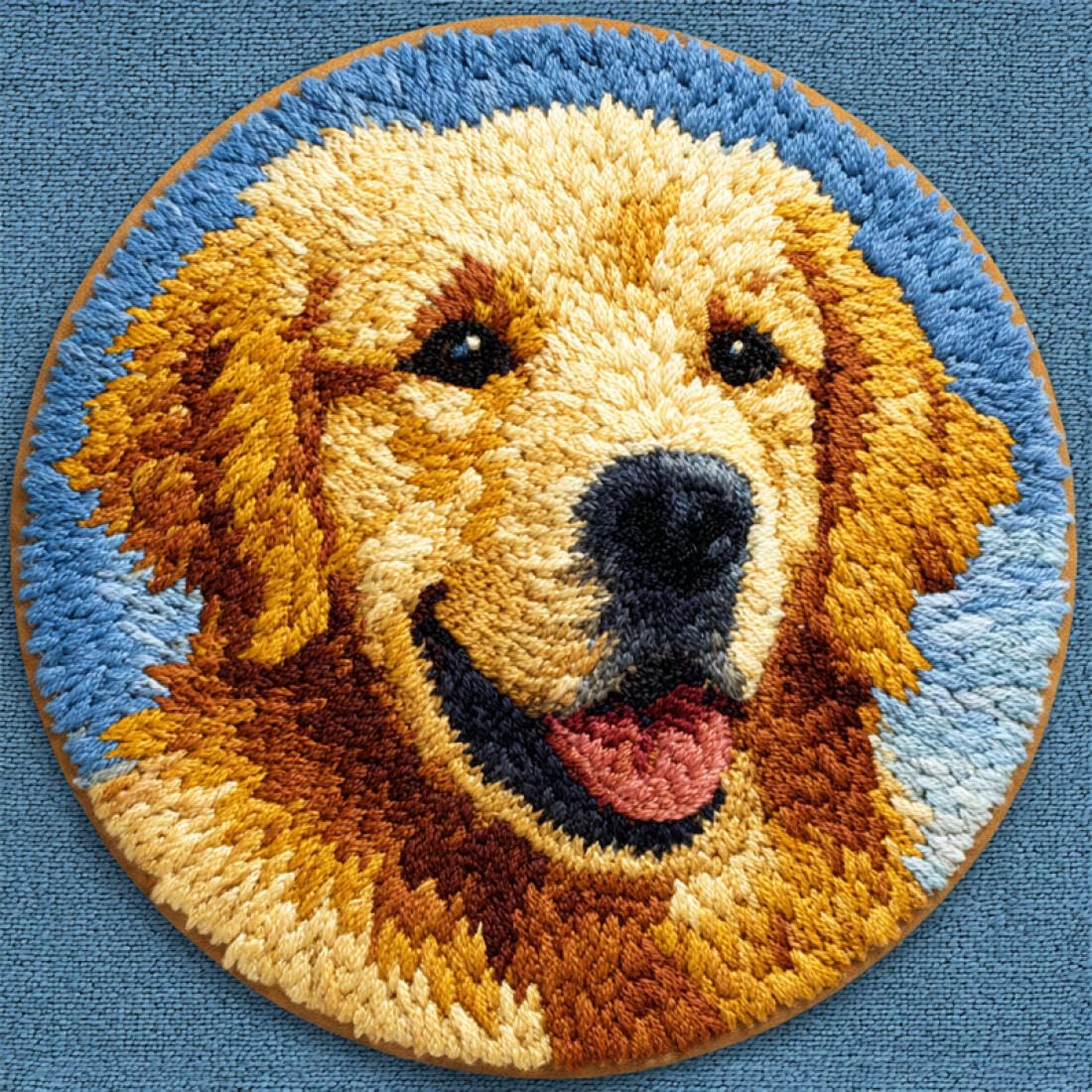 Rqwybcaxn DIY Rug Latch Hook Kits for Adults Animal Needlework Kit Cartoon Golden Retriever 50x50cm Round Tapestry with Crochet Hook Living Room Craft Gift