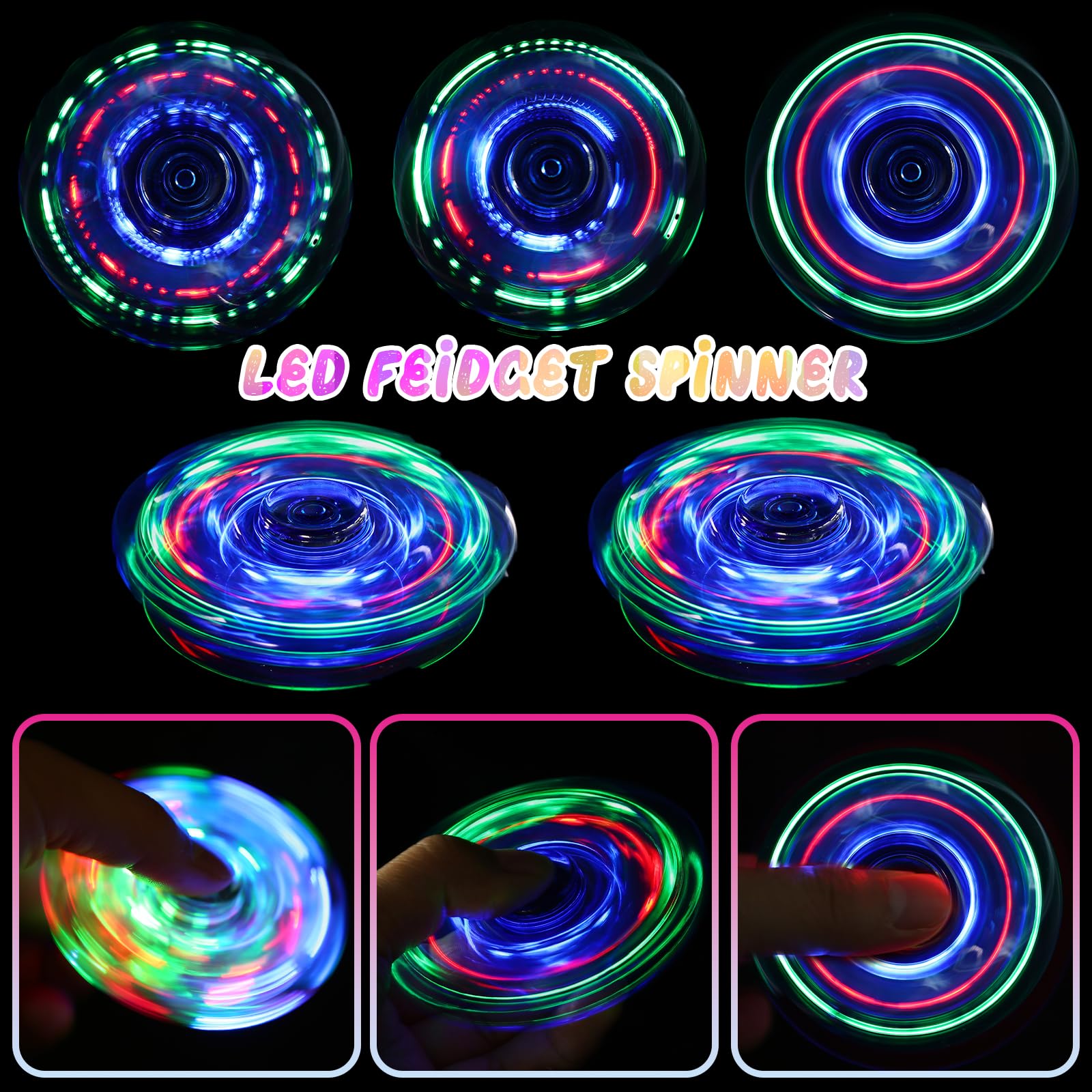SCIONE 2PCS Crystal LED Light Fidget Spinner for Kids,Light Up Fidget Toys for Kids,Glow in The Dark Party Bag Fillers for Children Adults(Crystal- Blue and Red) - Image 2