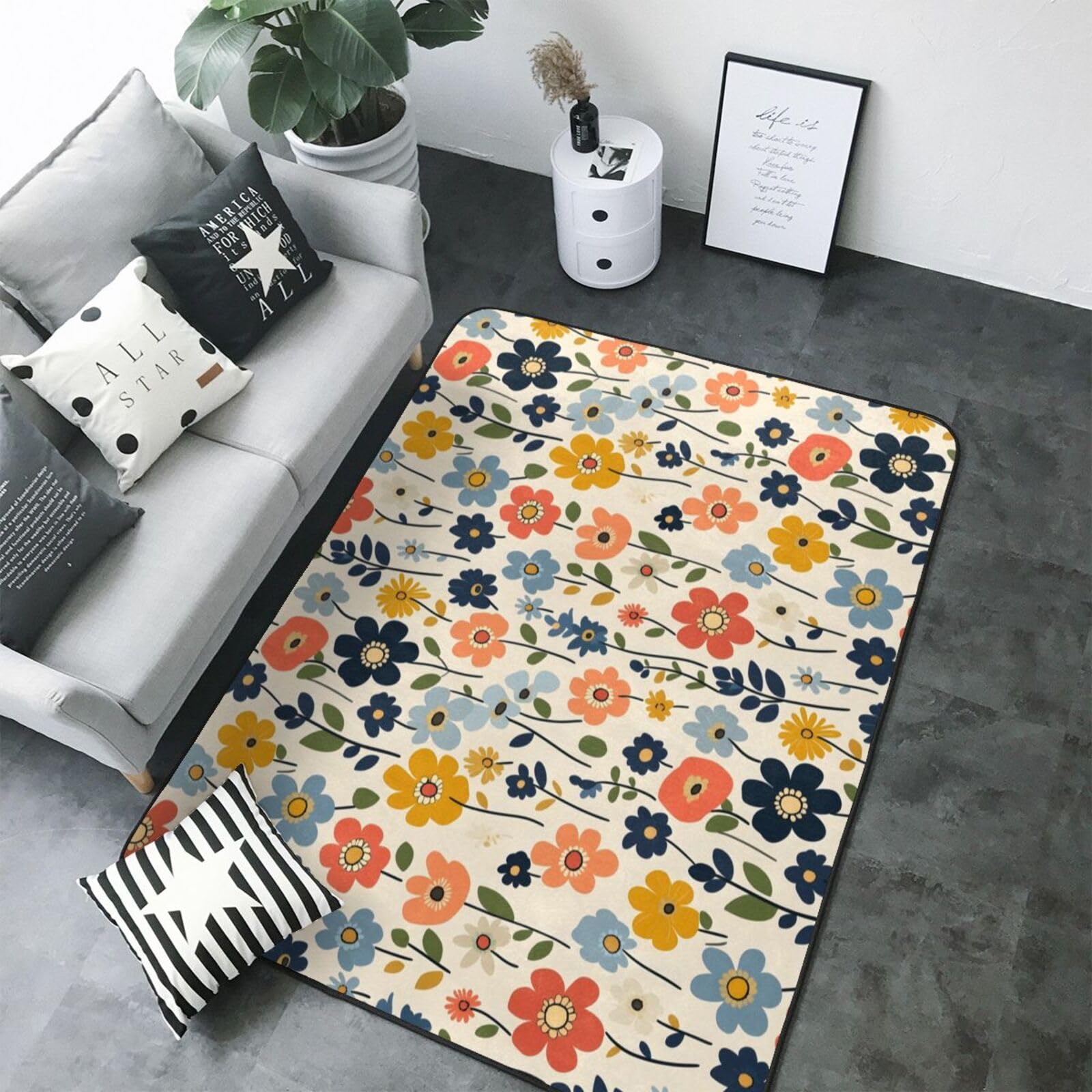 Grand tapis marguerites colorées pour salon et chambre 203x147 cm