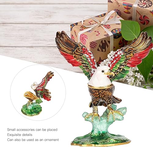 Vista 4 de Cyrank Caja de baratijas con diseño de águila esmaltada, con bisagras, pequeña caja de joyería decorativa con diamantes de imitación, delicado