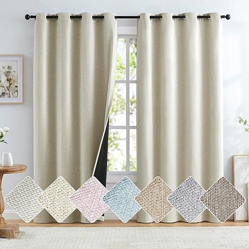 Total Blackout Natural Linen Curtains Panels for Bedroom Casual Farmhouse Burlap Texture 100 Room Darkening Window Treatment Set Energy Efficient Draperies for Living Room 52"x95"x2, Natural