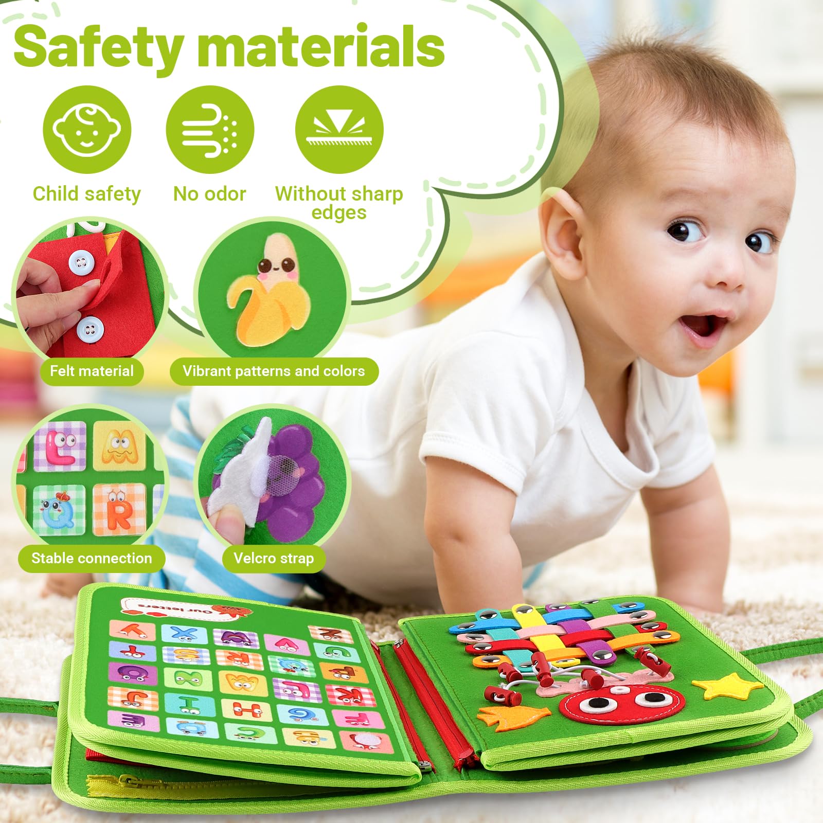 Montessori, Giocattolo per Bambini a Partire, Activity Busy Board Feltro Quiet Book, Giocattolo da Viaggio per Le attività motorie, Libro educativo, per la Prima Istruzione