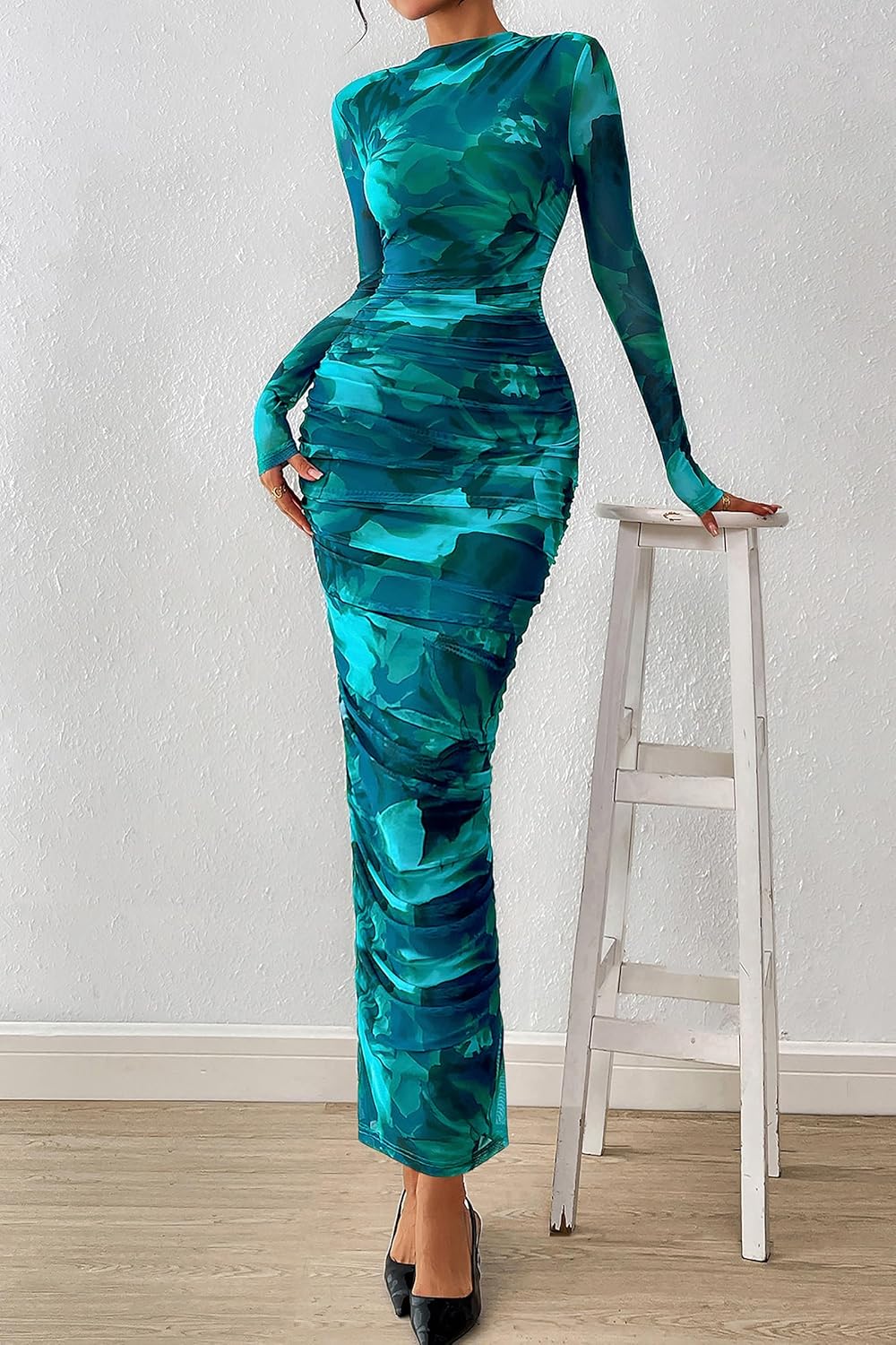 PRETTYGARDEN Womens Long Sleeve Maxi Dresses 2026 Spring Ruched Bodycon Floral Mesh Formal Wedding Guest Cocktail Party Dress - Image 6