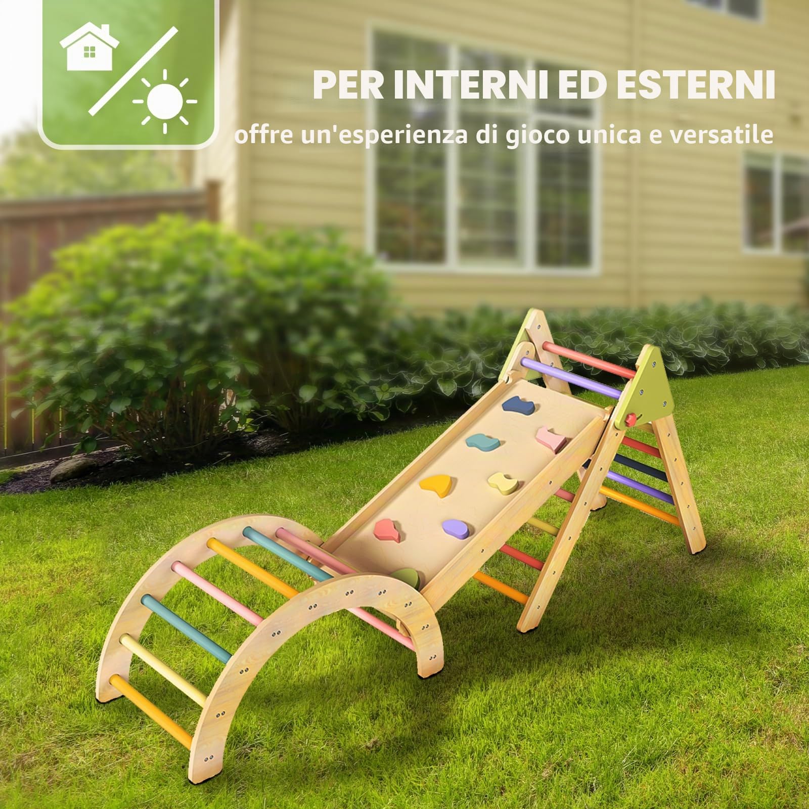 LOL-FUN Montessori - Struttura da arrampicata 7 in 1 in legno per bambini, pieghevole, giocattolo da arrampicata Pikler, triangolo, con rampa e arco, per giochi al coperto e palestra della giungla per