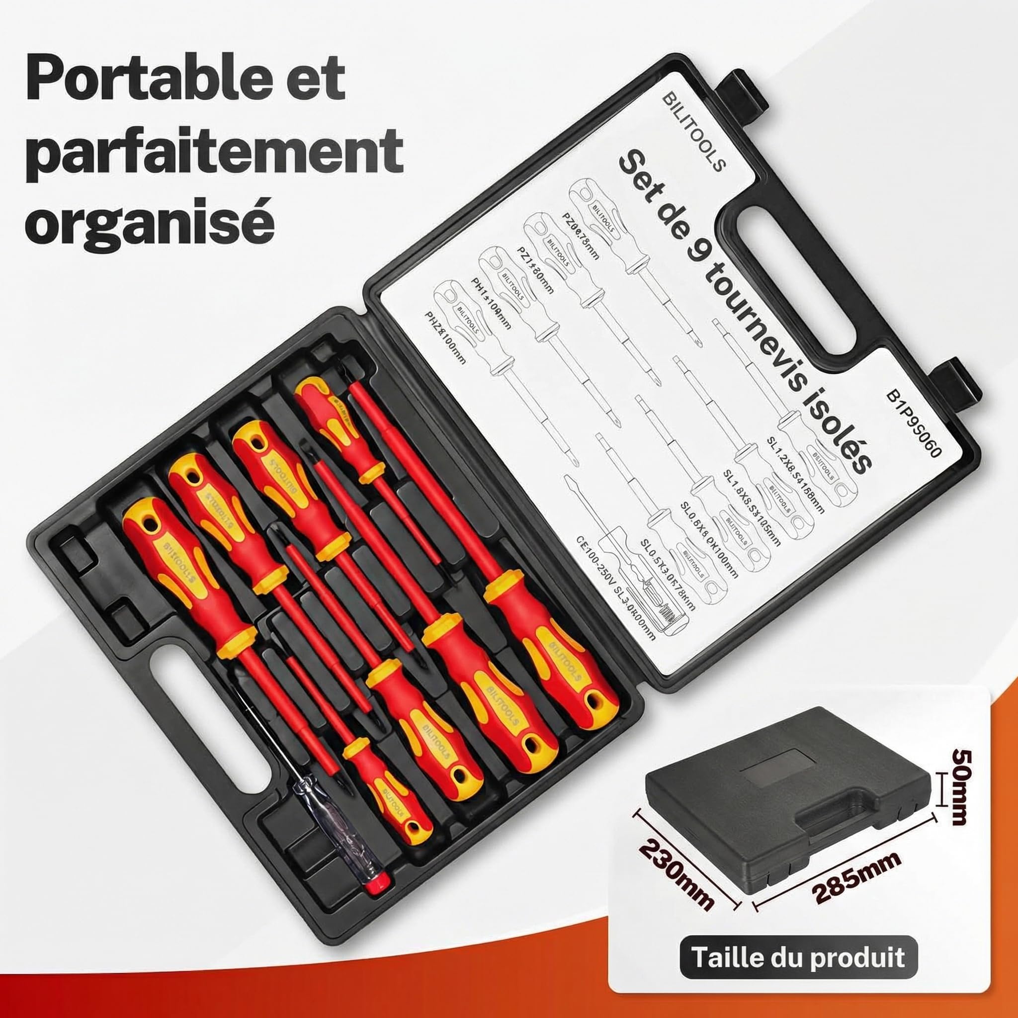 BILITOOLS Tournevis Electricien 9 Pièces Coffret de Tournevis Isolés 1000V VDE/GS avec Testeur de Tension – Outillage Électrique Professionnel avec 8 Embouts Magnétiques