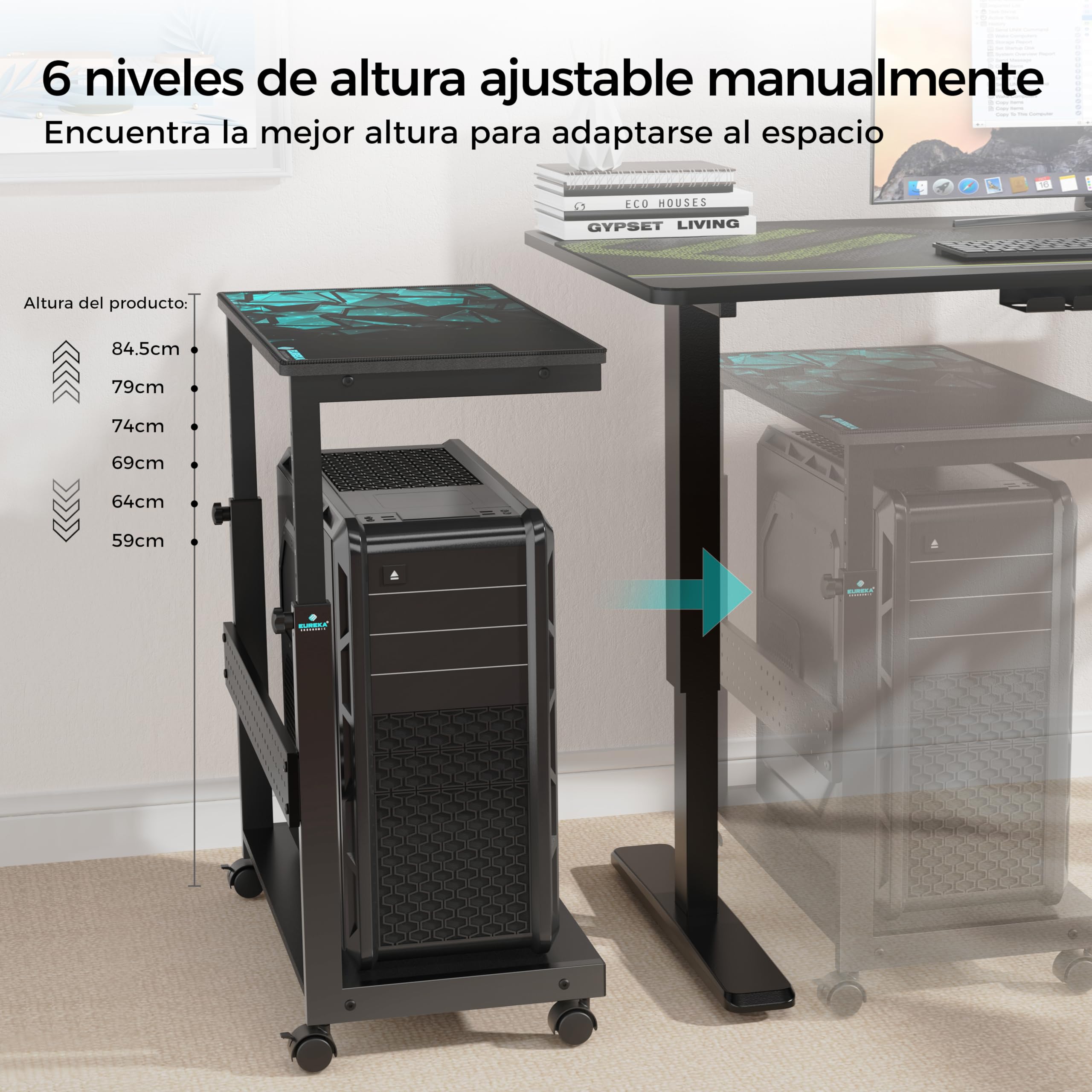 Eureka Ergonomic Soporte de Torre de Ordenador Regulable en Altura - Caja ATX - Soporte para PC - Bajo Escritorio - Impresora con Ruedas y Alfombrilla de ratón - Negro