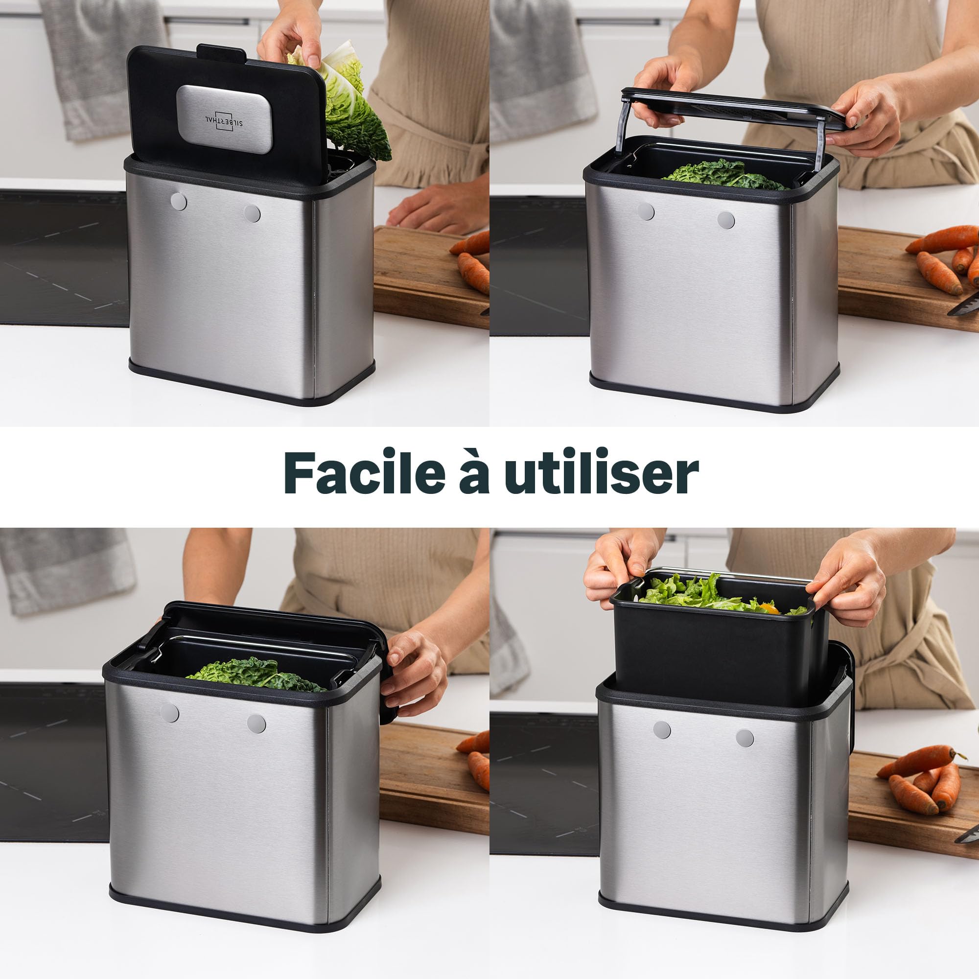 SILBERTHAL Petite Poubelle de Table INOX 4L - Bac à Compost | 4 filtres inclus, avec couvercle, sans odeur ni insectes