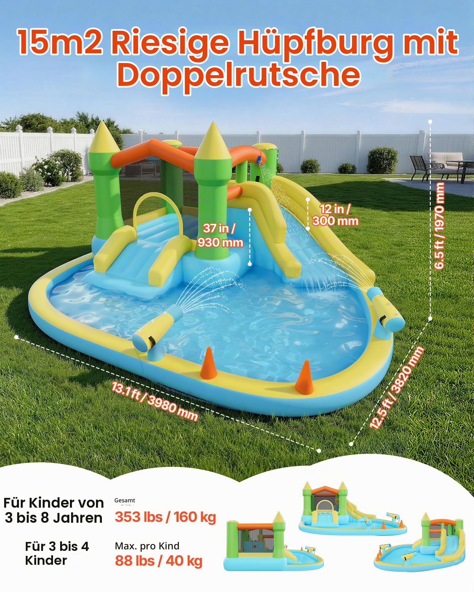VEVOR Aufblasbare Wasserhüpfburg (382 x 398 x 197 cm), Hüpfburg mit Wasserrutsche & Hüpfburgelementen & Basketball & Planschbecken & Wasserringwurfspiel, für 3–4 Kinder (3 bis 8 Jahre Alt)