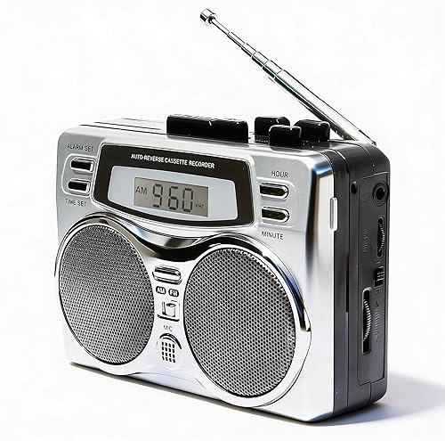 Zunate Reproductor de casete retro multifuncional con altavoz incorporado Jack de auriculares Reloj digital Temporizador AM FM Radio Micrófono