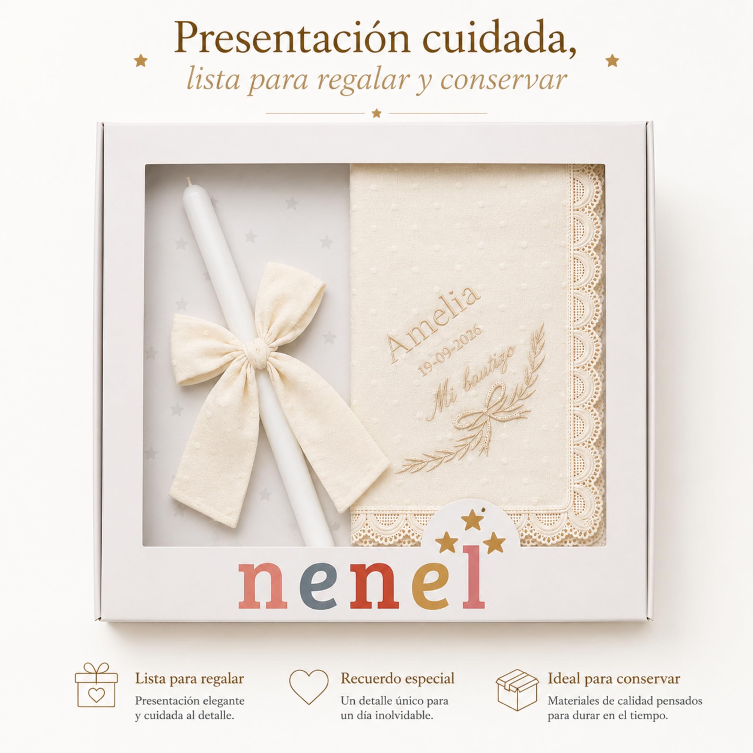 Nenel | Kit de Bautizo Personalizado con Vela y Paño Bordado Plumeti Beige – Regalo Recuerdo Original Bautismo – Cirio Bautismal con Lazo y Toalla con Nombre y Fecha