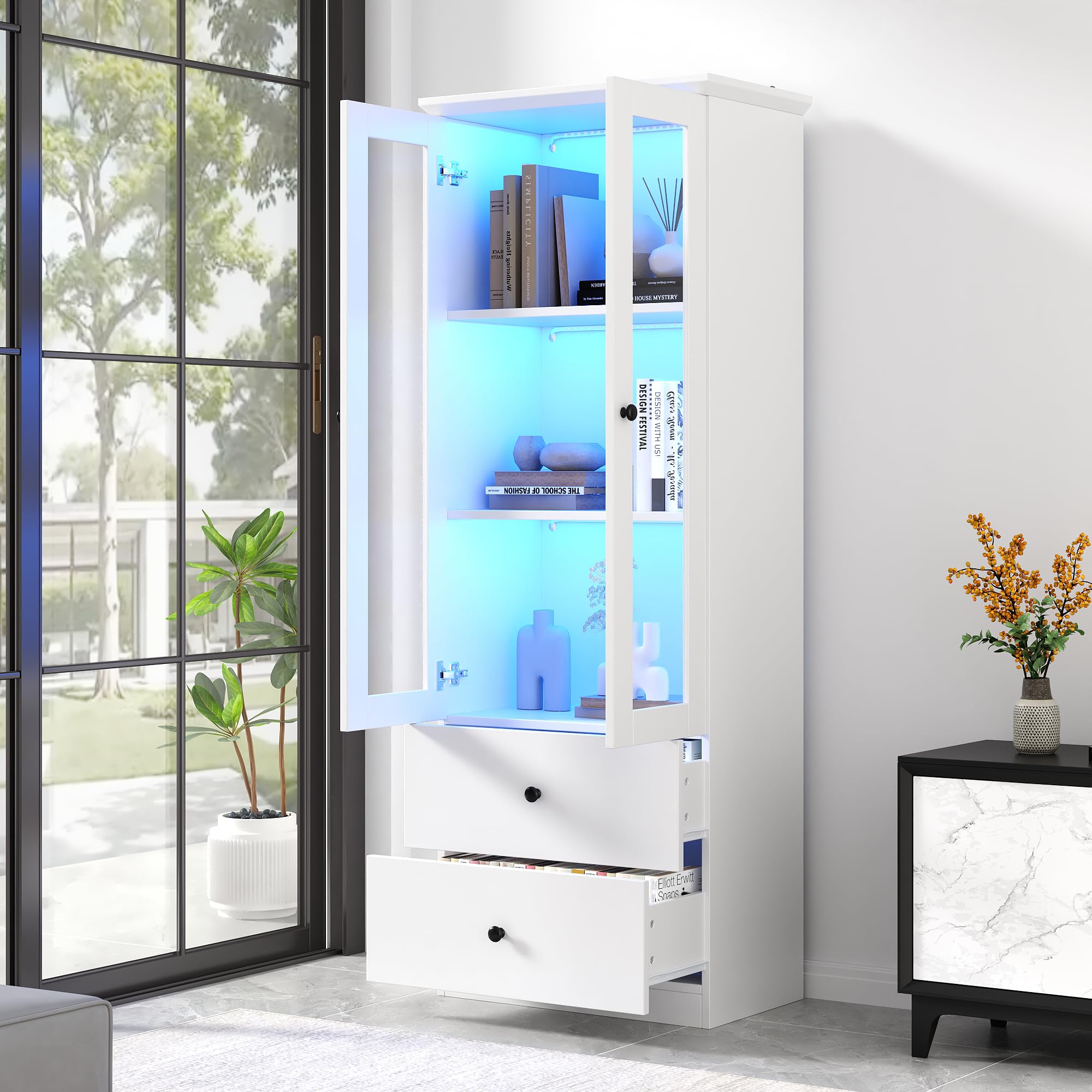 Merax Vitrina con luces LED, vitrina de cristal con cajones y estantes ajustables, moderna vitrina para libros, vitrina de colección, armario alto para cocina, salón, dormitorio, oficina, color blanco
