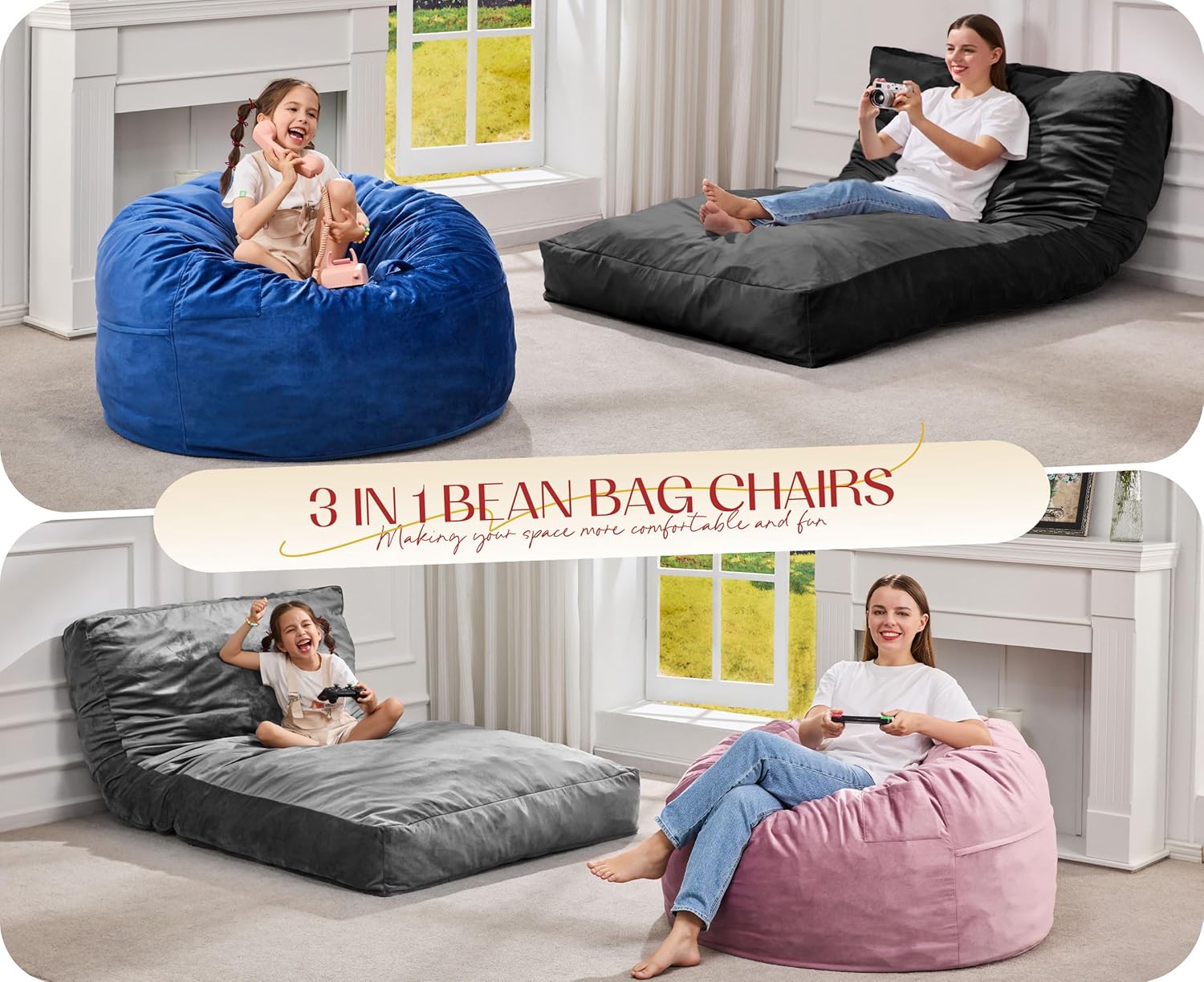 Hobestluk Giant Bean Bag Chair Bed for Adults, Large Bean Bags with High-Density Foam Filling, Convertible Big Sofa Bed Couch for Living Room, Bedroom, Playroom (Blue, Twin) - Image 7