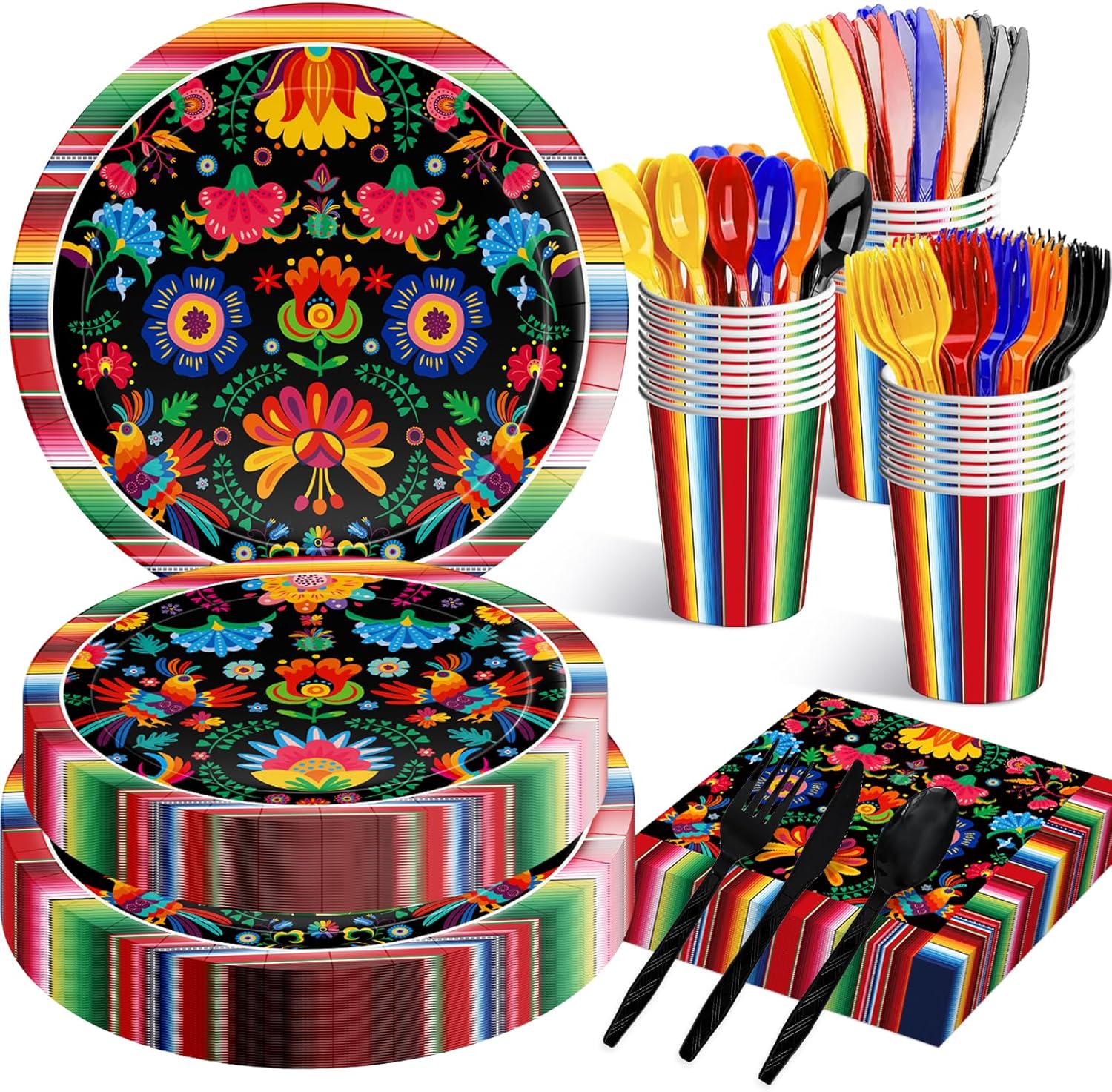 175 Pcs Fiesta Tableware Set – Serves 25, Mexican Party Supplies Disposable Plates, Cups, Napkins, Forks, Spoons, Knives with Floral and Serape Stripe Design for Cinco de Mayo, Birthday Celebrations