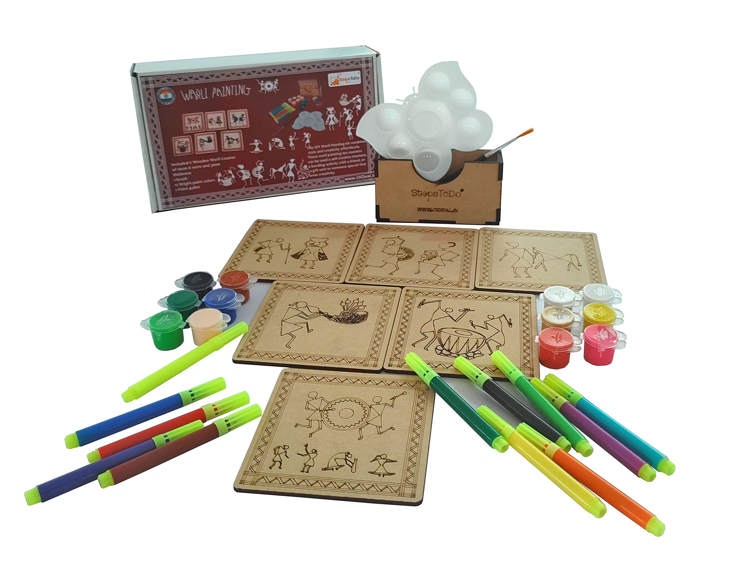 StepsToDo Warli Paint Kit (Set A) – Tea Coaster Set of 6 | 4-Inch Bases with Warli Art | Includes Case, Sketch Pens, Colours, Brush & Dish-image-7