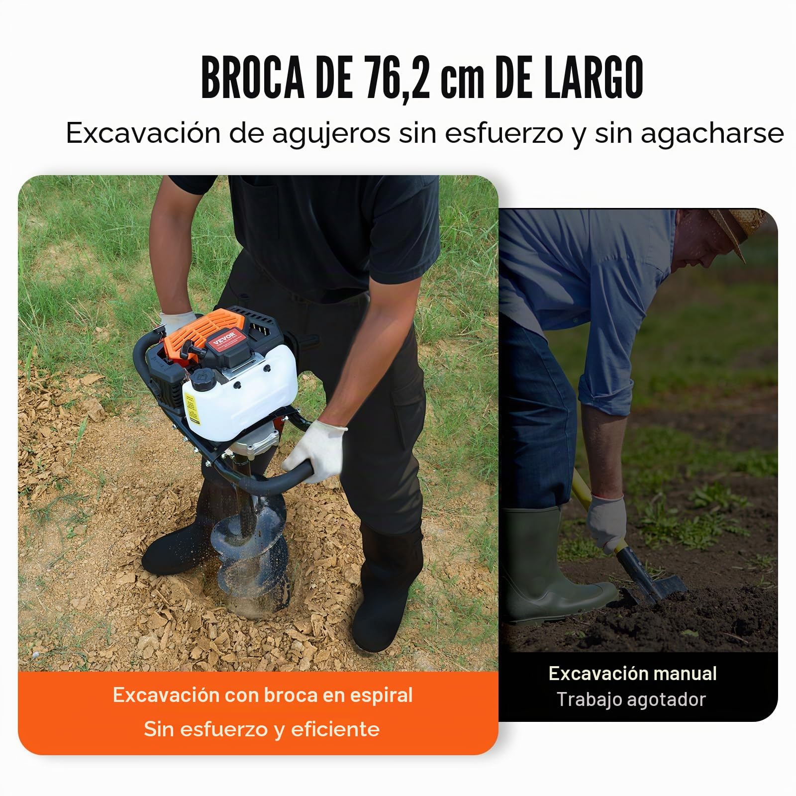VEVOR Excavadora de Pozos a Gasolina de 52 cc y 1450 W Barrena para Postes a Gasolina con Brocas de 200 mm y 1 Varilla de Extensión para Vallas de Postes, Cultivo, Jardín, Plantas, Naranja y Negro