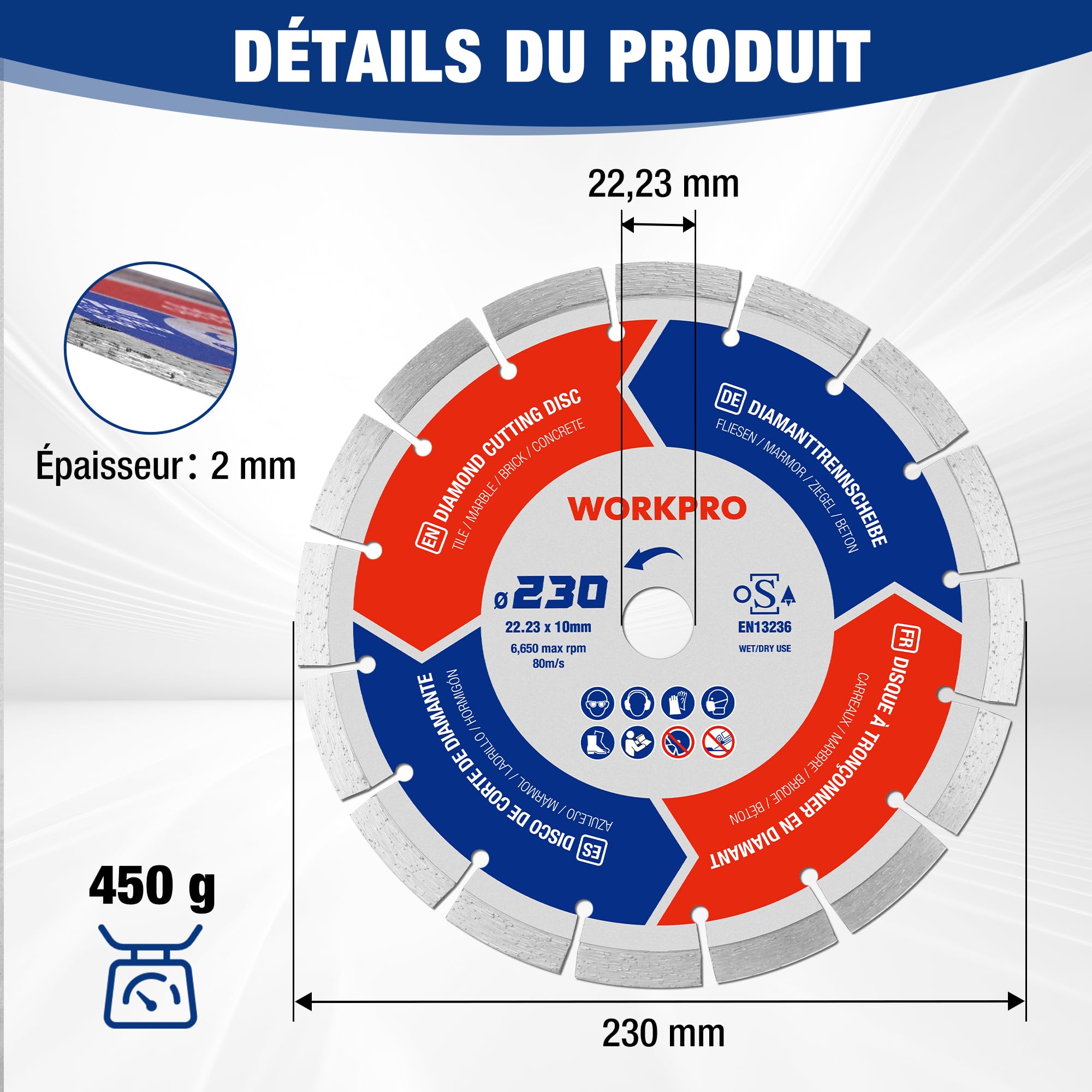 WORKPRO Lot de 2 Disques à Tronçonner Diamantés 230 mm | pour Carrelage, Béton, Pierre, Brique, Granit, Marbre, Meuleuse
